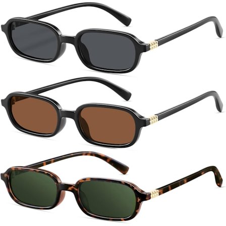 2025 Senaste Modell Retro Rektangulära Solglasögon för Kvinnor Smala Trendiga Små 90-tals Stil Fyrkantig Ram UV-Skydd Solglasögon 3-pack (svart