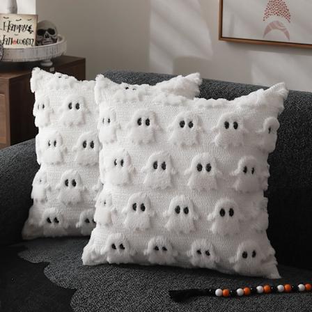 2 kpl Halloween-tyynynp llist 18x18 tuumaa Valkoinen haamu Heittotyynynp lliset Pehme plussi keinotekoinen turkis Sohvatyynynp llinen