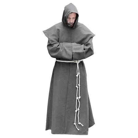S-5xl Renaissance Munkki Papisto Habit Scapular Friar puku Uskonnollinen pyhä mekko puku Miesten pappi huppu Halloween asu Gray L