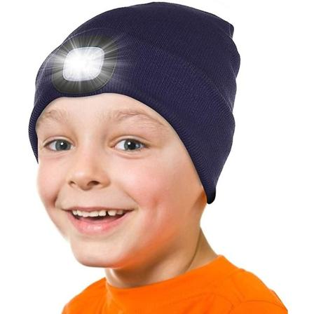 LED-upplyst Beanie-mössa för barn. Uppladdningsbar 4 LED-huvudlampa-mössa. Stickad vinter