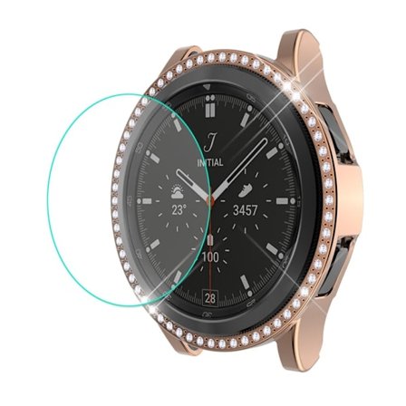ENKAY Samsung Galaxy Watch 4 Classic (42mm) rhinestone cover + tempered glass screen protector - Rose Gold