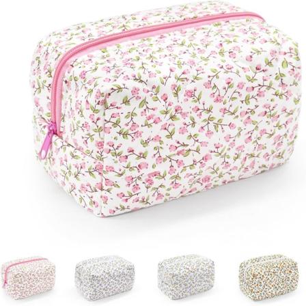 Lille Makeuptaske, Bærbar Kosmetikpose i Bomuld, Quiltet Blomster Kosmetikpose Vask Organiseringspose til Kvinder Piger Damer Pink