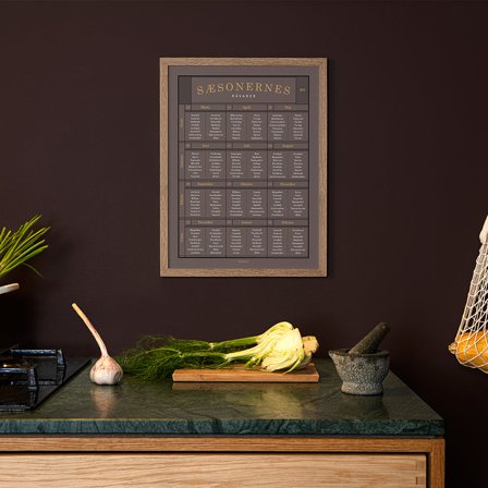 Plakat med Sæsonernes råvarer fra Gehalt — Stilren sæsonguide