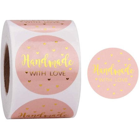 500 stk/1 rull Håndlaget med kjærlighet klistremerke, personlig håndlaget etikett klistremerke, 1 tomme/2,5 cm rund rosa gullfolie selvklebende 