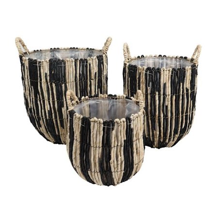 Kurvesæt 3 stk., 38x38x40 cm, majsblade, sort