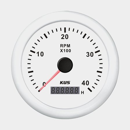 Tacómetro y contador de horas para fueraborda / motor de gasolina KUS, sin empañamiento, Ø85 mm, 12 V / 24 V, generador, blanco, 0 - 4000 rpm