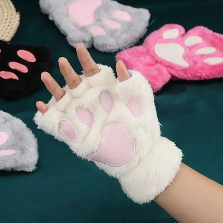 Cute Cat Paw Fluffy Claw Fingerless Gloves Warm Soft Plush Fingerless Panda Glove Half Finger Women Winter Wear Christmas Gifts