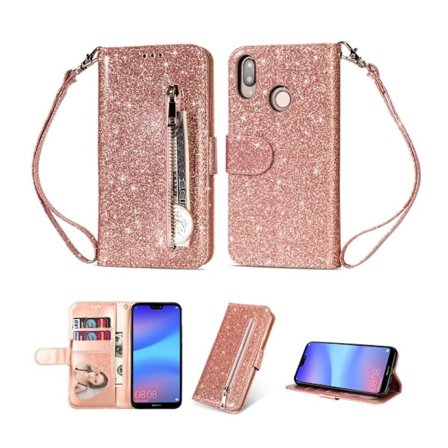 Huawei P20 Lite mobiletui i kunstlæder med lynlås lomme - Rosa Guld