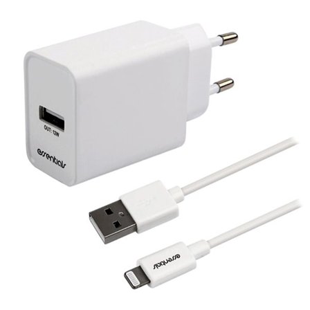 Essentials USB-oplader 12W MFI med USB til Lightning-kabel - hvid