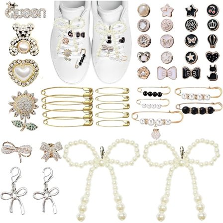 Sko Charms til Sneakers, 45 stk. Perle Sløjfe Sko Snørebånds Charms Pins til Junk Socks og Sambas, Sko Charms Smykker Indeholder Sløjfer/Clips/Pins/
