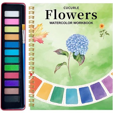 Akvarelmalersæt til begyndere med 12 farver - Begyndervenlig arbejdsbog - Blå blomster kunst og håndværk gave til kvinder