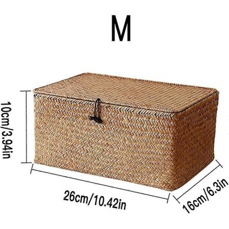Vävd Förvaringslåda i Korg med Lock - Set med Delar - Rektangulär Sjögräskorg och Förvaringskorg med Lock - Förvaringsställ och Hyllorganisatör i 