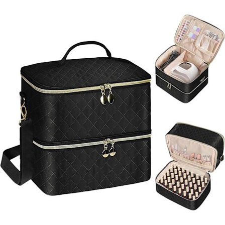 Stor Neglelak Opbevaringskasse, Dobbelt Lag Make-Up Tilbehør, Neglekasse Organizer 40 Flasker (15 ml) & Neglelampe, Professionelt Negleudstyr - Sort