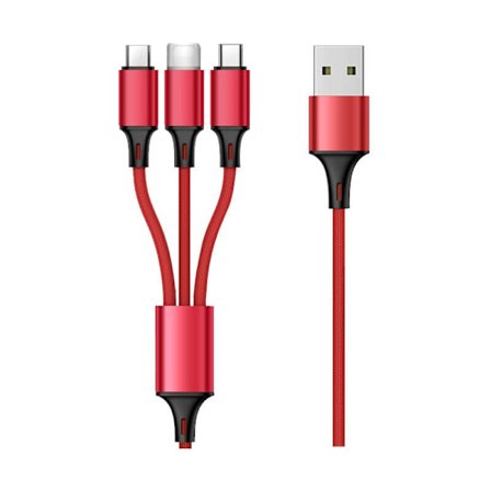 Teleport Cable Multi USB -kaapeli, 3 in 1 Multi USB -latauskaapeli, punottu nylonkaapeli, pikalataus - 1,2 m, punainen