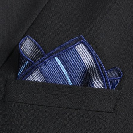 Grey & Blue Stripe Navy Silk Pocket Square for Men - Patterned Pocket Squares