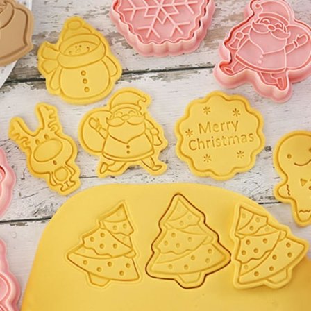 Julekakeformer 8 stk/sett, 3D Pressbare Julekakeformer og Stempler, Julenissen Juletre Snømann Pepperkakemann Former