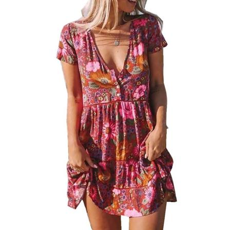 Kvinnor Plus Size Blommor Print Mini Klänning V-neck Kort Ärm Fol