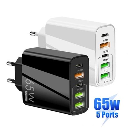 USB-C Oplader Hurtigopladning 65W Type-C Oplader EU-stik Sort