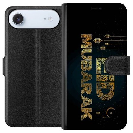 Kompatibelt Lommeboketui til Apple iPhone 17 Air Gyldent Ramadan-motiv med dekorativ typografi, lykter, halvmåne og stjerner på en mørk bakgrunn