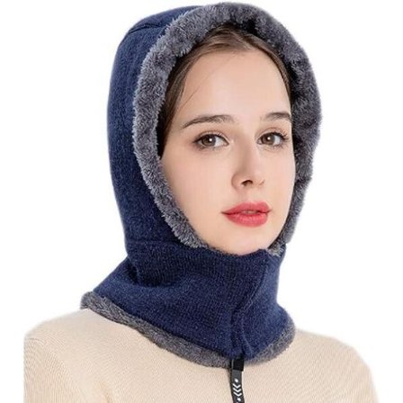 Elegant strikket elefanthue til damer, tørklæde- og hattesæt til kvinder med lynlås, hals- og ørevarmere, tyk vindtæt fleeceforet hætte C