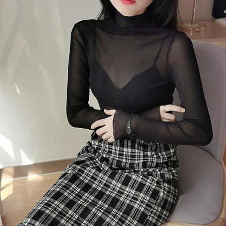Vår Høst Dame Sexy Gjennomsiktig Mesh Bluse Dame Langermet Gjennomsiktig Elegant skjorte Mote Dame Topper Svart Black