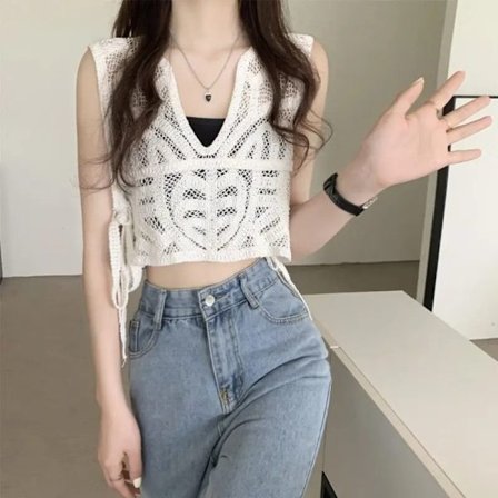 Søt, hul ermeløs, heklet vest HVIT 4 4