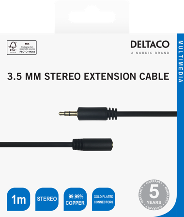 Deltaco Audio cable, 3.5mm, gold-plated, 1m, black