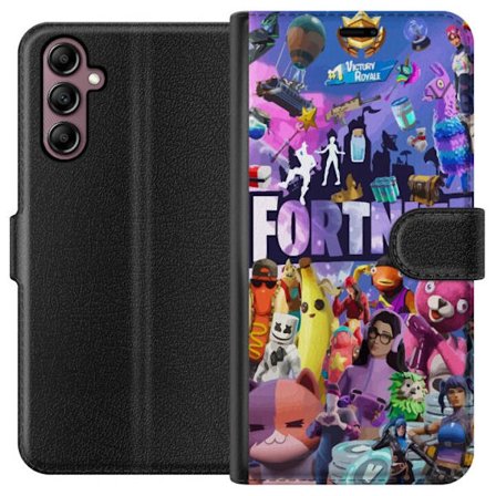 Yhteensopiva Lompakkokotelo Samsung Galaxy A14 5G Fortnite kollaasi, jossa on ikonisia hahmoja, skinejä, Victory Royale ja vahvoja värejä, jotka luova