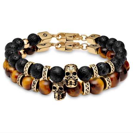 Pulseras de ojo de tigre y piedra de lava con calaveras y adornos dorados Rico para hombres - Pulseras de perlas
