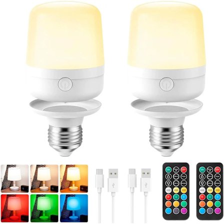 2 PAKKE E27 Batteri Lyspære med Fjernbetjening, Magnetisk USB Genopladelig Lyspære med Kontakt [Energiklasse A]
