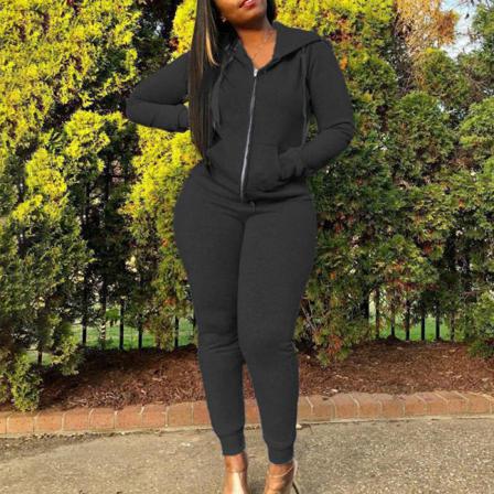 Dam Full Zip Långärmad 2piece Outfit Enfärgade Sweatsuits