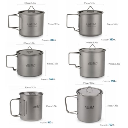 Ultralet Titanium Kop Udendørs Bærbar Camping Picnic Vandkop Krus med Foldbart Håndtag 300ml / 350ml / 450ml / 550ml / 650ml / 750ml