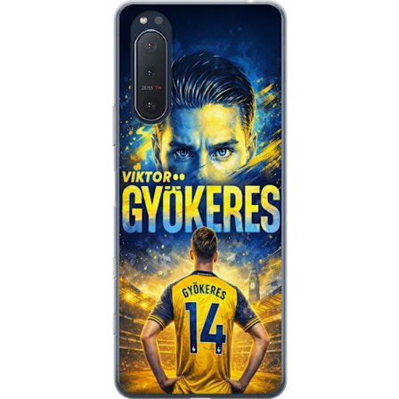 Yhteensopiva Puhelinkuori Sony Sony Xperia 5 II Viktor Gyökeres jalkapallojuliste keltaisella ja sinisellä värimaailmalla, dramaattinen stadiontaus