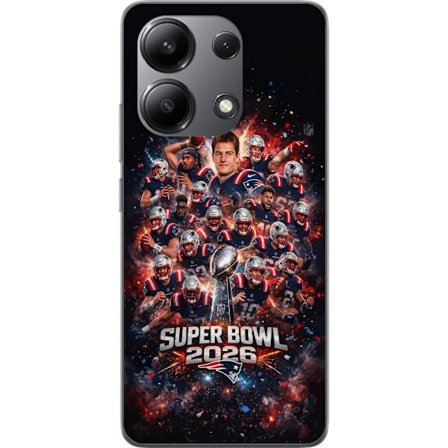 Yhteensopiva Puhelinkuori Xiaomi Redmi Note 13 4G Super Bowl 2026 juliste, jossa New England Patriots ja NFL-mestaruuspalkinto räjähtävän urheilullise