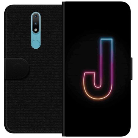 Kompatibel Tegnebogsetui til Nokia Nokia 2.4 Minimalistisk neonbogstav J i farveskiftende lys mod sort baggrund