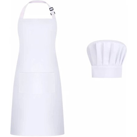 Förkläde kockmössa set, justerbart haklappsförkläde bagare kockmössa kvinnor män, vit