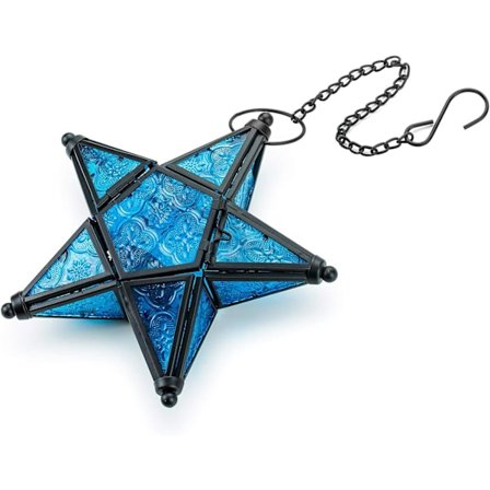 Glasstjerne Lanterne Hængende Ornamenter - Tealys Lanterne Vinduesophæng Stue Terrasse Altan Dekoration Vintage, Blå