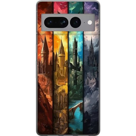 Kompatibel Mobilcover til Google Google Pixel 7 Pro Fire magiske slotte i forskellige elementfarver, episk fantasykunst med ild vand luft og mørke i