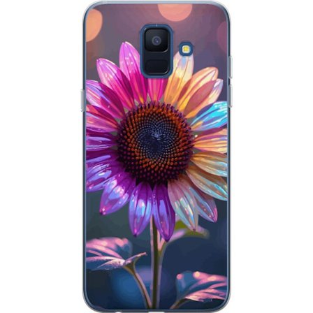 Kompatibelt Mobildeksel til Samsung Galaxy A6 (2018) Irideserende blomst med glitrende kronblad i rosa lilla og gull mot myk bokeh bakgrunn