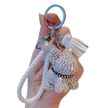 Jente Fashionable Luksus Diamant Teddy Bear Anheng Nøkkelringer Lær Duskkjede Rhinestone Nøkkelring (hvit)