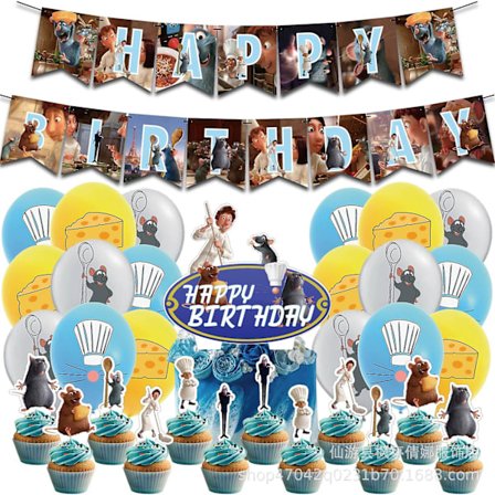 Dekorationsset med flaggor och ballonger för barnkalas med Ratatouille-tema