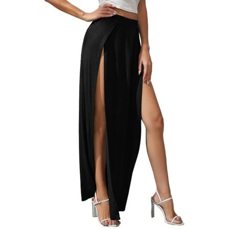 Dame lang dobbel delt høy midje dame ren trikot Stretch to side splitt Maxi skjørt Black 2XL