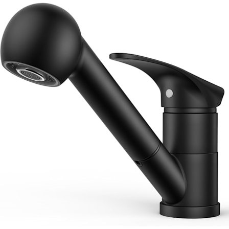 Svart köksblandare, kökskran med sprayhuvud i rostfritt stål, enkelhandtag, 360° svängbar enkelspak, enkelhål