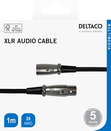 Deltaco XLR audio cable 3pin male 3pin female 26 AWG 1m black