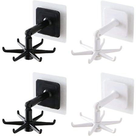 360 roterande hopfällbar krok, 4 st 6-klor spikfri roterande hylla självhäftande köksredskapskrokar för kök badrum(svart&vit)(4 st)
