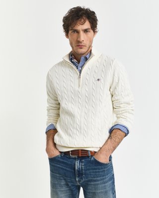 GANT - Kabelstrikket genser med half-zip til herre cream