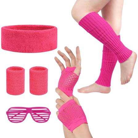 80'er Neon Kostume Tilbehørs Sæt, 1980'er Retro Tema Fest Dekoration Outfit Til Kvinder Piger Med glasögon - Rose Red One size