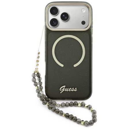 Guess IML Glitters Script Strap MagSafe-fodral för iPhone 17 Pro Max - svart