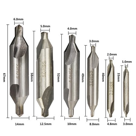 6-pakning dobbelthodede senterbor (1,0 mm, 1,5 mm, 2 mm, 2,5 mm, 3 mm, 5 mm)