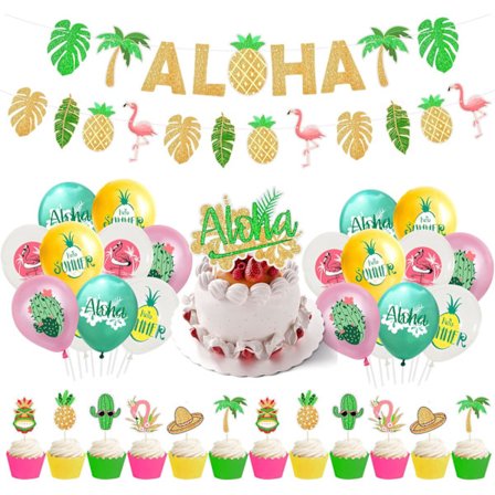 Hawaiian Luau Party Dekorasjon Sett, Gull Glitrende Aloha Banner Girlander, Ananas Tropiske Blader Flamingo Ballonger